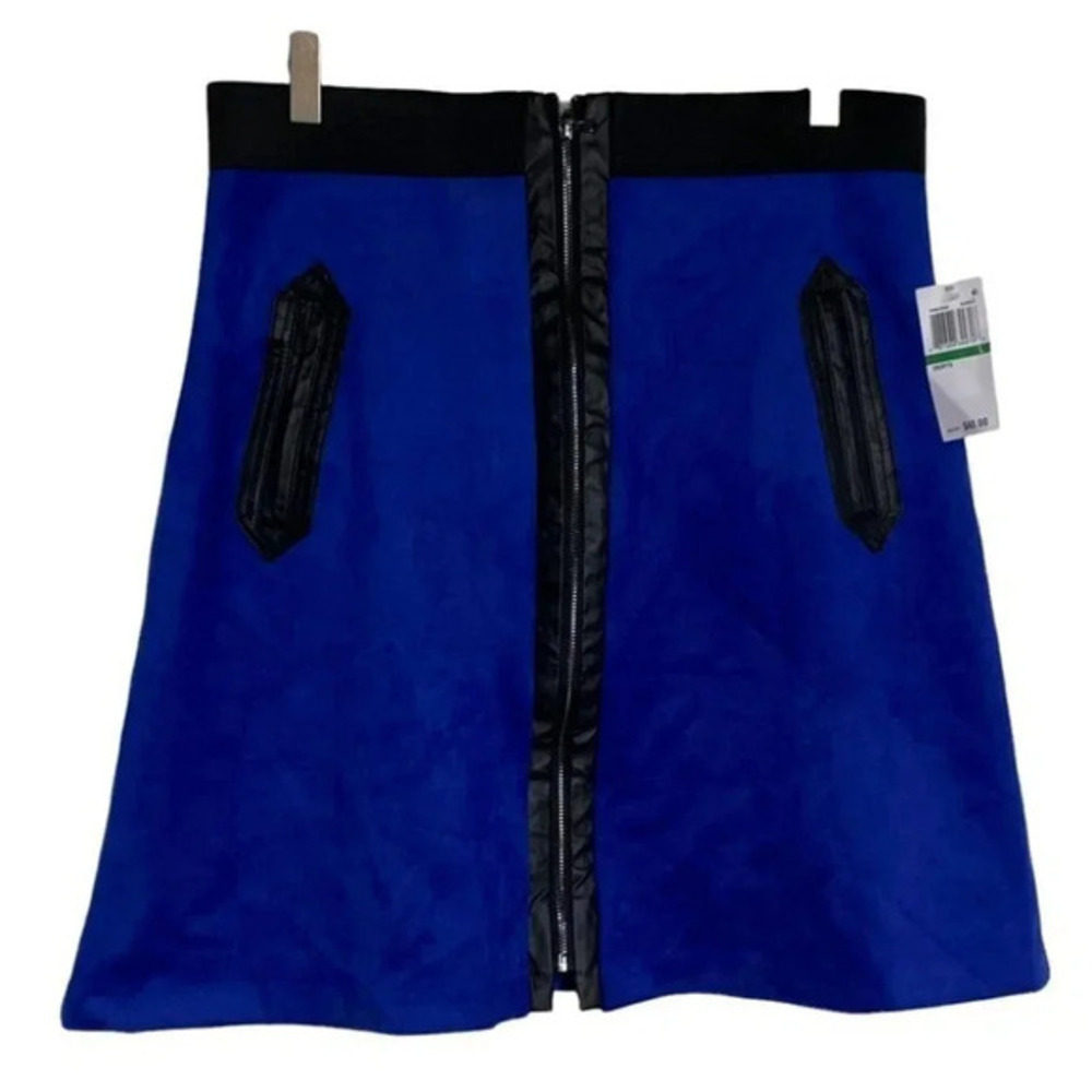 eci New York L faux blue suede with faux black leather trim front zipper‎ skirt